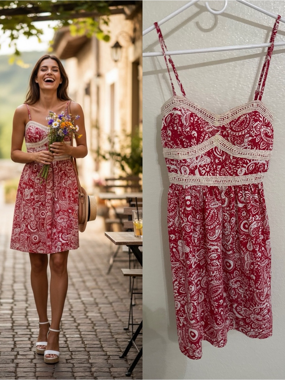 Maurices Red Paisley Mini Dress with Ivory Crochet Trim